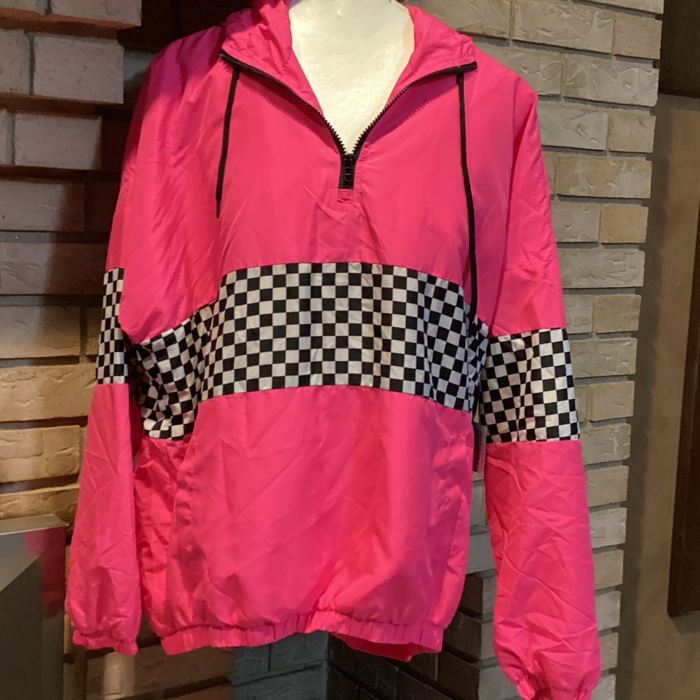 Pink Checkered Windbreaker rain Jacket w hood